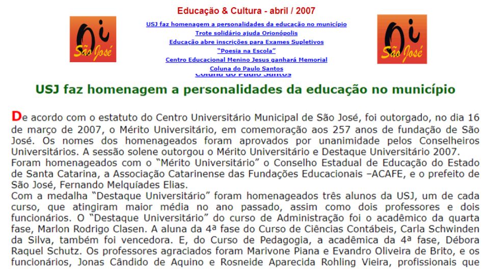 matéria sobre homenagem para Débora Raquel Schutz no portal oi são josé